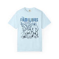 Blood Bound collection comfort colors graphic tee by thtgrlreads featuring black line art of fantasy familiars including a bear, owl, cat, and fox, printed by Printify.