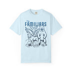 Blood Bound collection comfort colors graphic tee by thtgrlreads featuring black line art of fantasy familiars including a bear, owl, cat, and fox, printed by Printify.