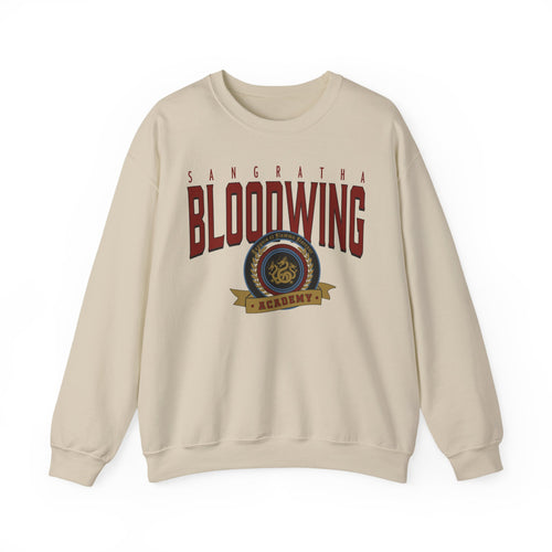 Thtgrlreads Bloodwing Academy crewneck sweatshirt featuring a vintage wash, Comfort Colors base with a bold printed crest graphic, part of officially licensed romantasy merch.