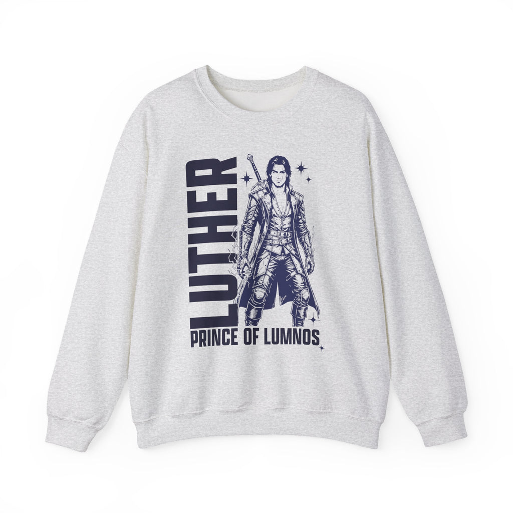 thtgrlreads Kindred's Curse Saga cozy Comfort Colors crewneck sweatshirt featuring a vintage-style graphic of Luther, Prince of Lumnos, in bold dark print, part of the Crewnecks collection.