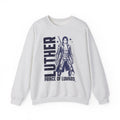 thtgrlreads Kindred's Curse Saga cozy Comfort Colors crewneck sweatshirt featuring a vintage-style graphic of Luther, Prince of Lumnos, in bold dark print, part of the Crewnecks collection.