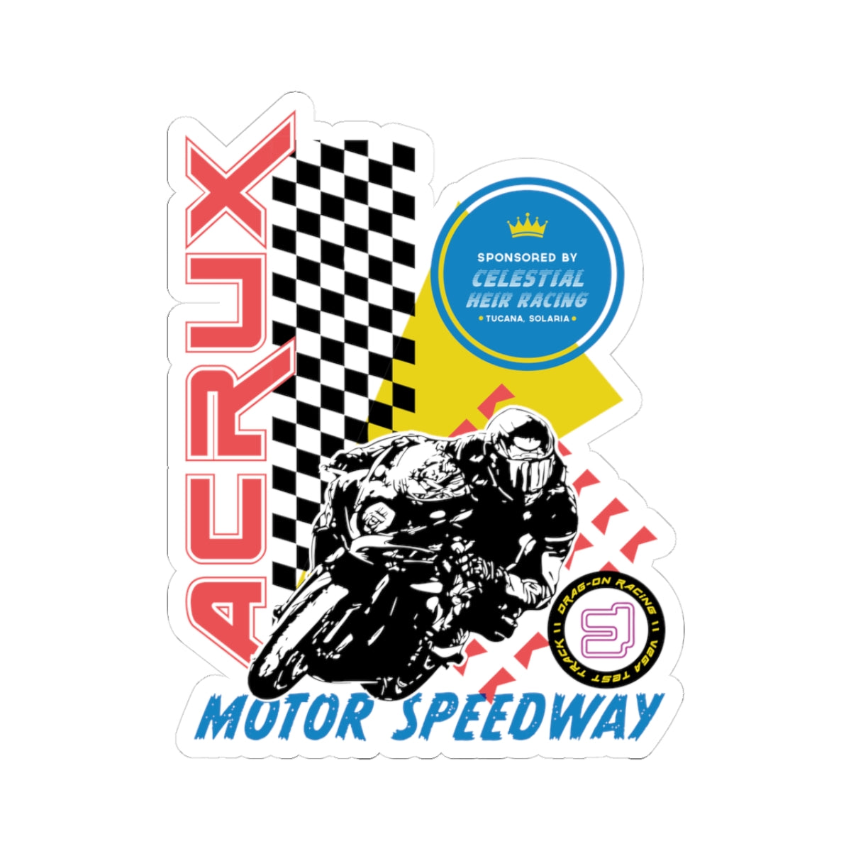 Graphic design featuring a black and white checkered flag pattern with red "ACRLX" text, a detailed black motorcycle racer illustration, and "Motor Speedway" text in blue, accented by a blue circular badge with yellow highlights reading "Sponsored by Celestial Heir Racing.