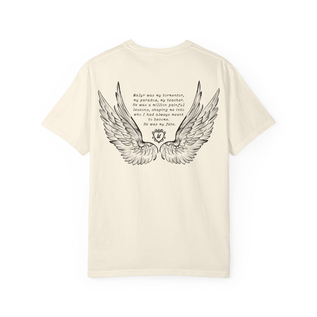 Liv Zander collection Comfort Colors graphic tee by thtgrlreads featuring vintage washed cream fabric with black detailed angel wings and poetic text printed on the back, part of Tees collection.
