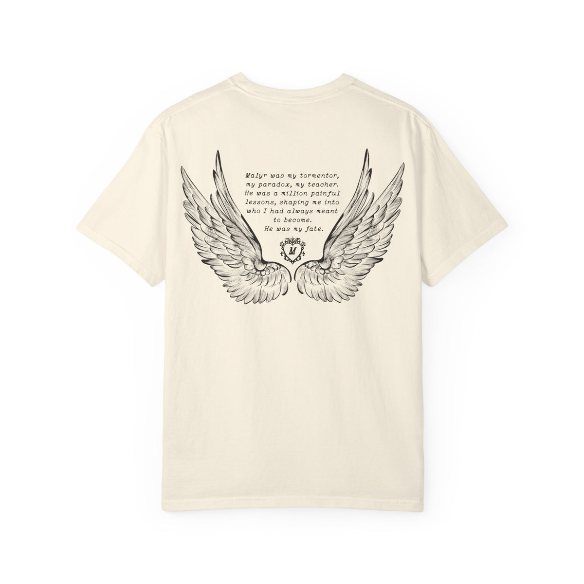 Liv Zander collection Comfort Colors graphic tee by thtgrlreads featuring vintage washed cream fabric with black detailed angel wings and poetic text printed on the back, part of Tees collection.