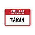 Sticker from thtgrlreads featuring Kindred's Curse Saga with bold black handwritten Taran name text on a classic red and white Hello My Name Is badge design.