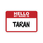 Sticker from thtgrlreads featuring Kindred's Curse Saga with bold black handwritten Taran name text on a classic red and white Hello My Name Is badge design.