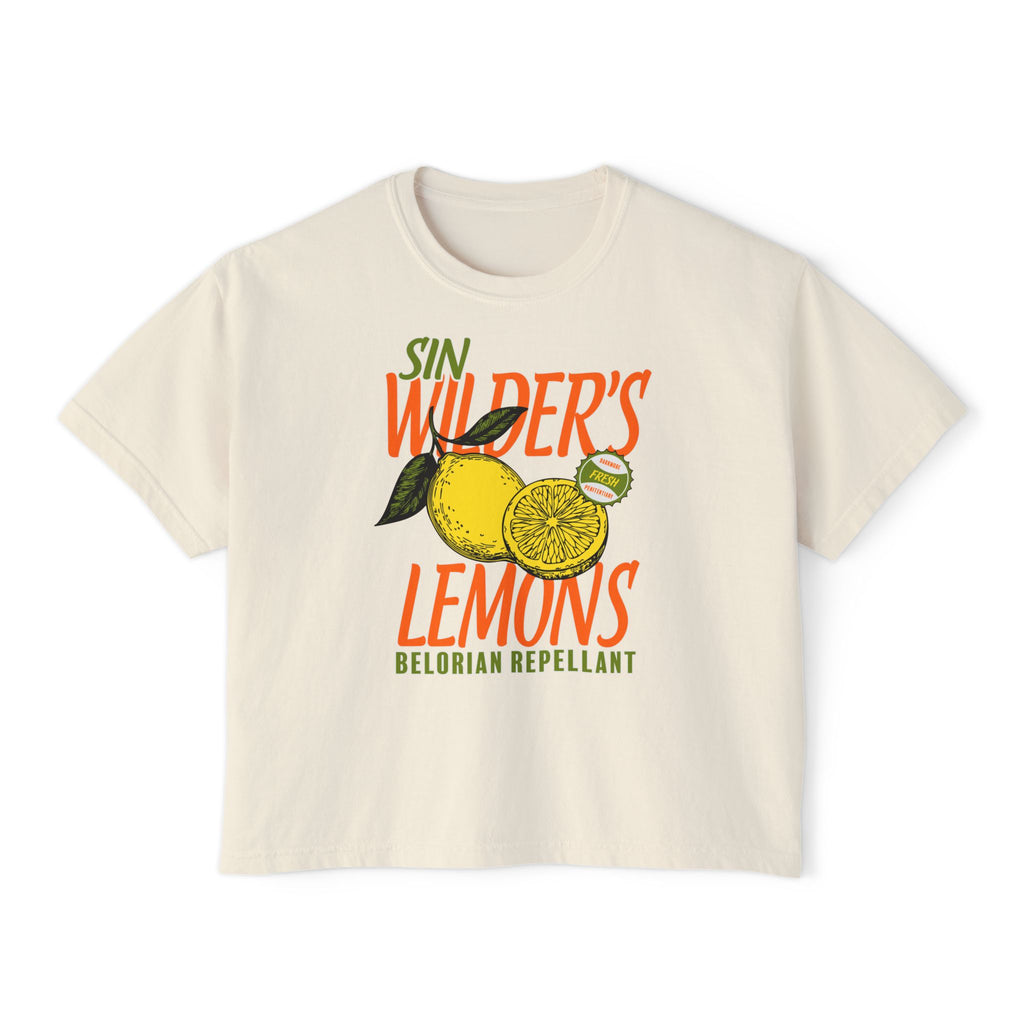 Thtgrlreads Darkmore Penitentiary collection features this vintage wash Comfort Colors crop top with a bold Sin Wilder's Lemons graphic in orange and green, perfect for fans of literary romantasy.