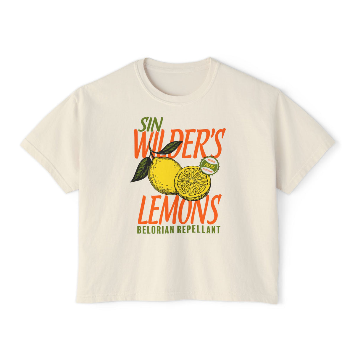 Thtgrlreads Darkmore Penitentiary collection features this vintage wash Comfort Colors crop top with a bold Sin Wilder's Lemons graphic in orange and green, perfect for fans of literary romantasy.