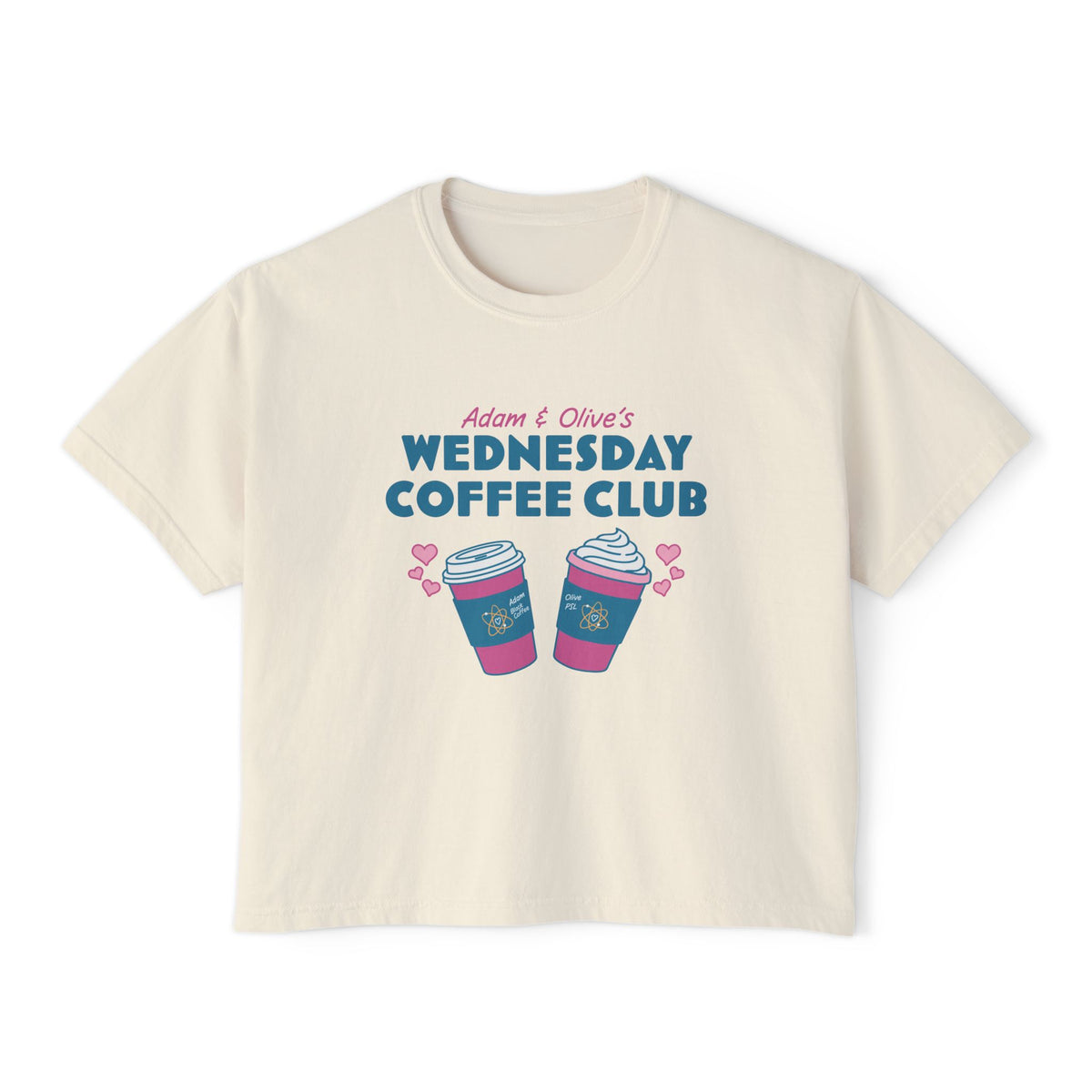 Cream Comfort Colors cropped tee featuring Adam and Olive's Wednesday Coffee Club graphic with colorful coffee cups and hearts, Ali Hazelwood Tees by Thtgrreads