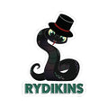 Illustration of a black snake wearing a red-banded top hat with green eyes above bold green text reading Rydikins, from thtgrlreads’ Ruthless Boys of the Zodiac sticker collection.