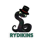 Illustration of a black snake wearing a red-banded top hat with green eyes above bold green text reading Rydikins, from thtgrlreads’ Ruthless Boys of the Zodiac sticker collection.