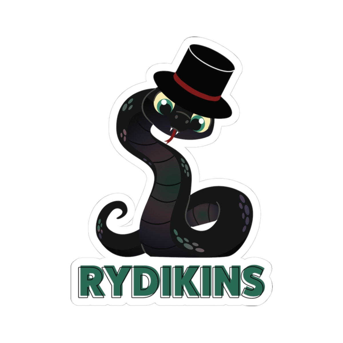 Illustration of a black snake wearing a red-banded top hat with green eyes above bold green text reading Rydikins, from thtgrlreads’ Ruthless Boys of the Zodiac sticker collection.