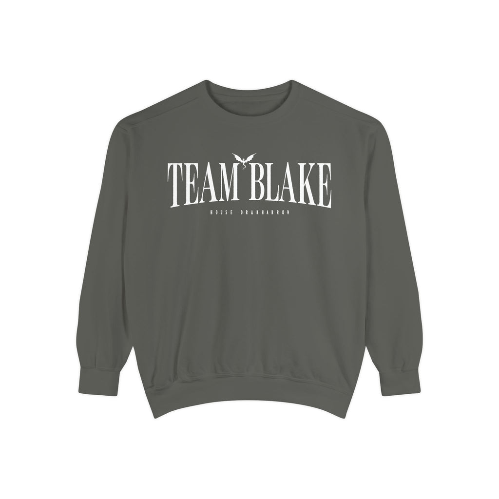 Bloodwing Academy crewneck sweatshirt from thtgrlreads featuring a vintage-wash Comfort Colors oversized crewneck in dark gray with white "Team Blake" gothic script print.
