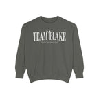 Bloodwing Academy crewneck sweatshirt from thtgrlreads featuring a vintage-wash Comfort Colors oversized crewneck in dark gray with white "Team Blake" gothic script print.