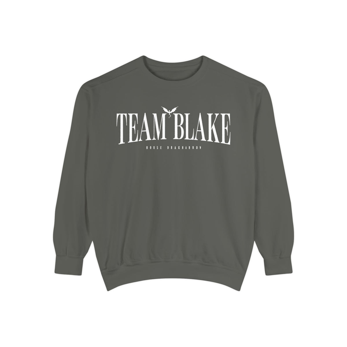 Bloodwing Academy crewneck sweatshirt from thtgrlreads featuring a vintage-wash Comfort Colors oversized crewneck in dark gray with white "Team Blake" gothic script print.