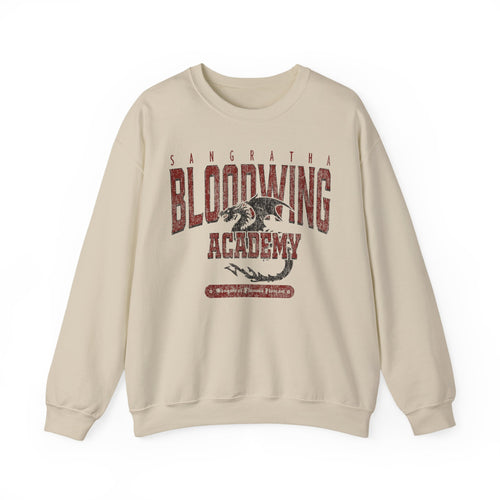 Thtgrlreads Bloodwing Academy collection oversized crewneck sweatshirt in vintage-washed Comfort Colors fabric, featuring a distressed red dragon graphic and text print.