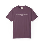 A vintage wash Comfort Colors graphic tee from thtgrlreads featuring a simple white text print reading "My heart. My bones. Our blood." inspired by The Poison Daughter collection.