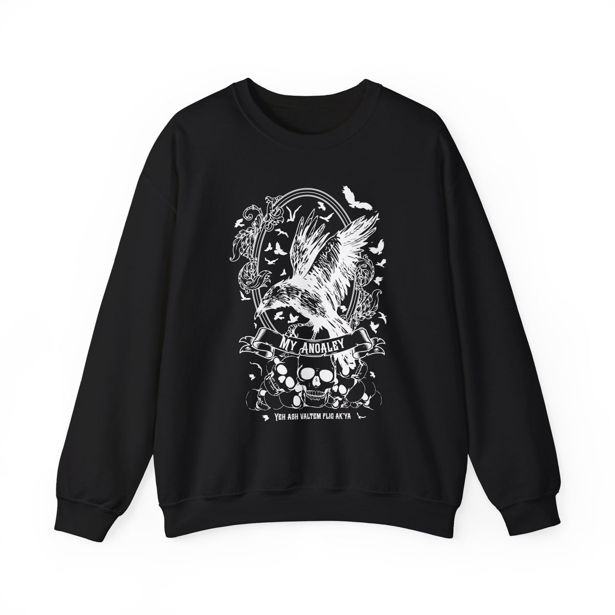 Black oversized crewneck sweatshirt from thtgrlreads Liv Zander collection featuring a vintage puff print graphic of a crow in flight surrounded by roses, skulls, and bats with gothic script text.