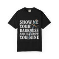 thtgrlreads officially licensed Lady of Darkness & Legacy Series comfort colors graphic tee in vintage black with bold white gothic text and a detailed dagger illustration.