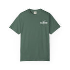 Comfort Colors graphic tee in muted green featuring a small white vintage puff print "Club Slow Burn" logo, officially licensed bookish apparel from thtgrlreads' Book Bestie collection.