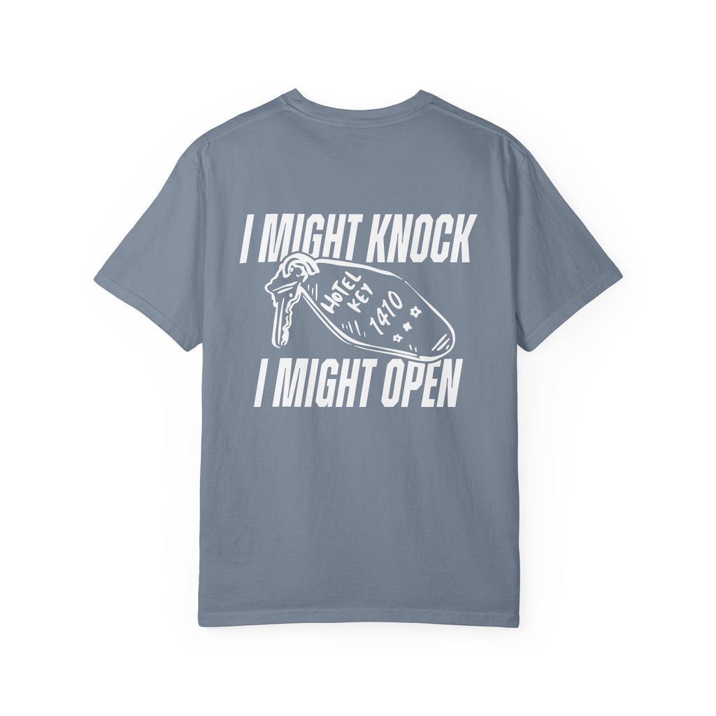 thtgrlreads officially licensed Hockey Romance comfort colors graphic tee in vintage wash featuring bold white text and a hotel key graphic with playful phrase "I Might Knock I Might Open" from the Tees collection.