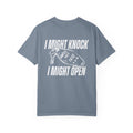thtgrlreads officially licensed Hockey Romance comfort colors graphic tee in vintage wash featuring bold white text and a hotel key graphic with playful phrase "I Might Knock I Might Open" from the Tees collection.
