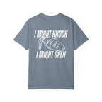 thtgrlreads officially licensed Hockey Romance comfort colors graphic tee in vintage wash featuring bold white text and a hotel key graphic with playful phrase "I Might Knock I Might Open" from the Tees collection.