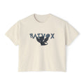 thtgrlreads cropped Comfort Colors graphic tee featuring a vintage wash and a central printed design of a black flying dragon with the text "RAIVOX" in bold stylized letters above.