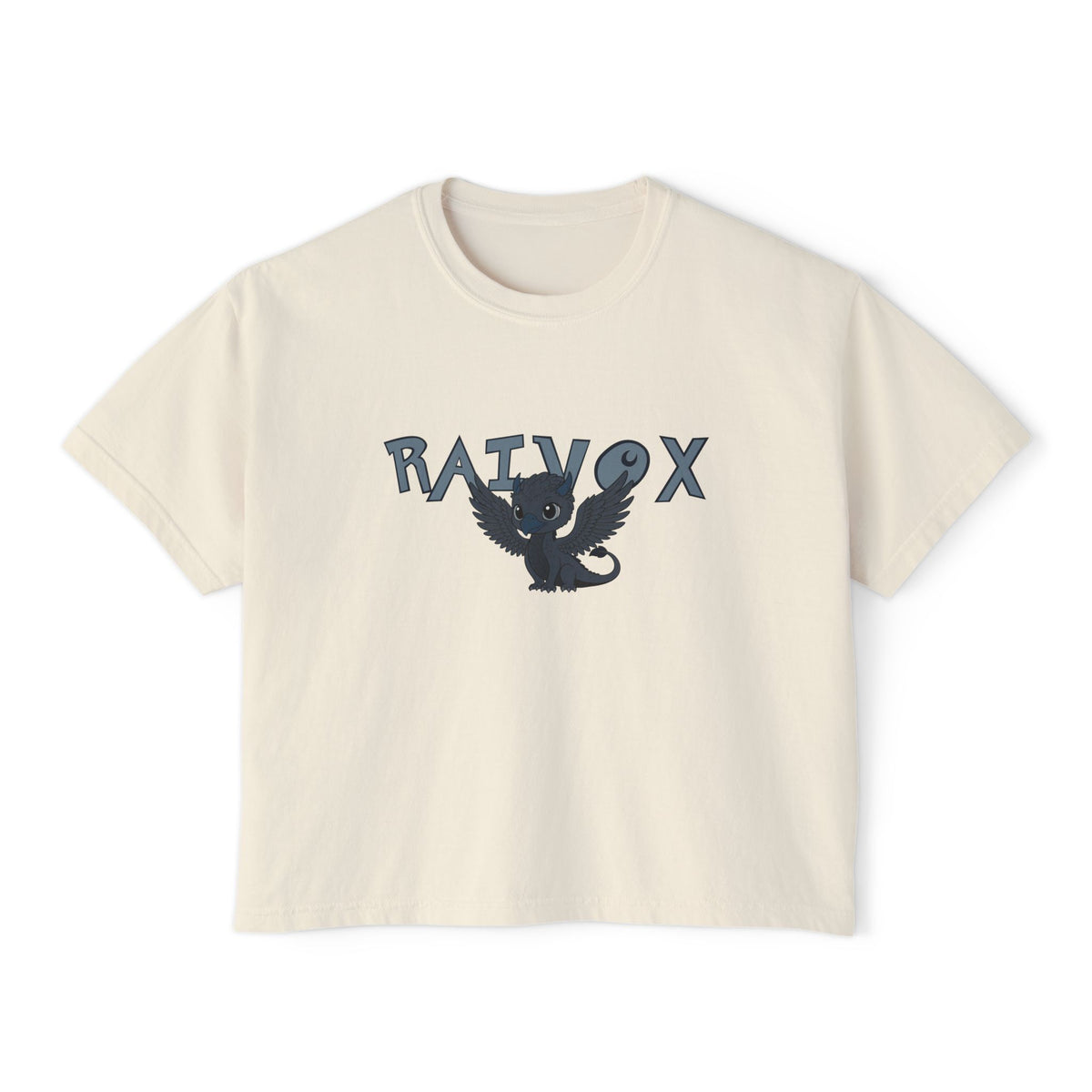 thtgrlreads cropped Comfort Colors graphic tee featuring a vintage wash and a central printed design of a black flying dragon with the text "RAIVOX" in bold stylized letters above.