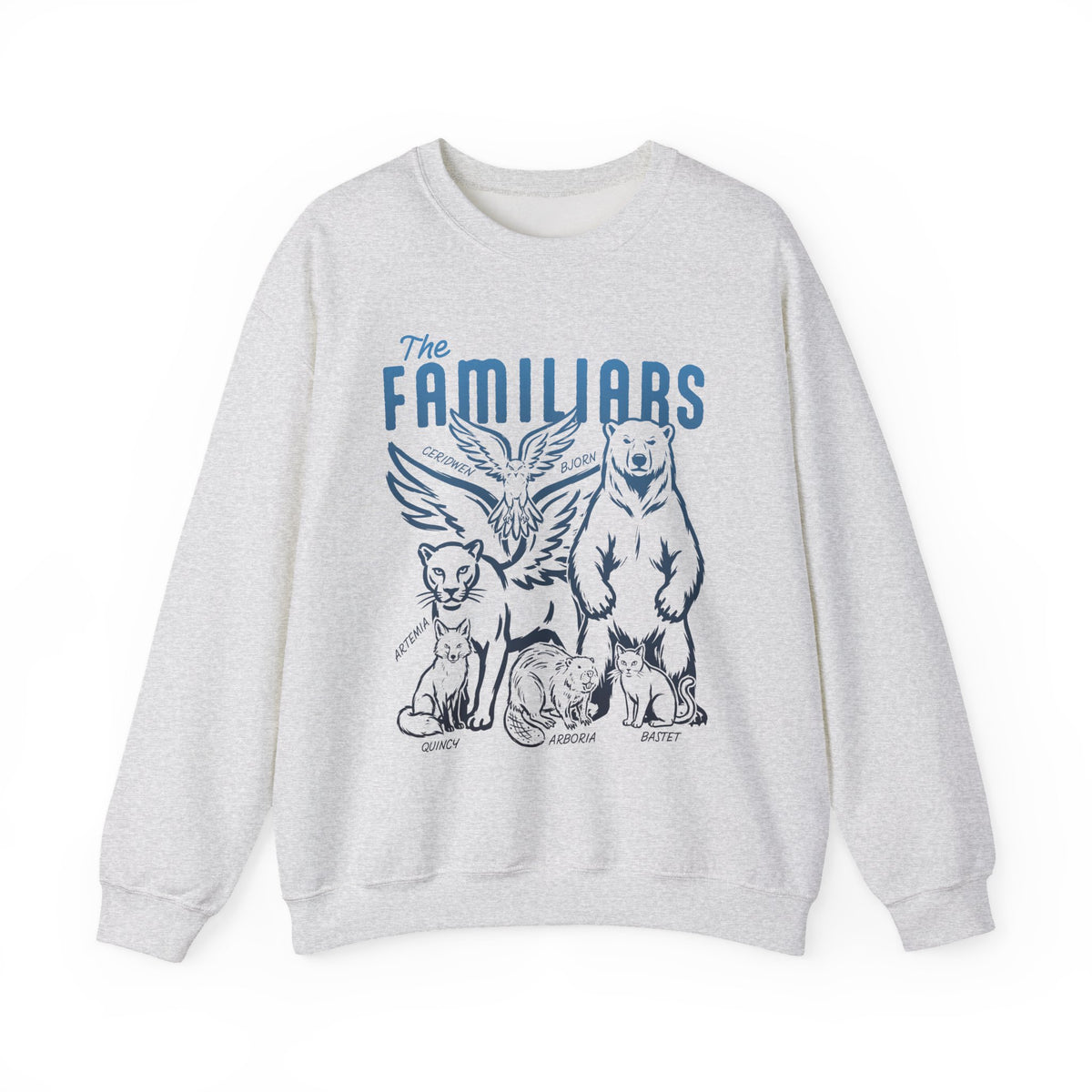 thtgrlreads Blood Bound collection oversized crewneck sweatshirt featuring a vintage wash light gray Comfort Colors base with a bold navy graphic of animal familiars including a bear, lion, and owl, printed by Printify.