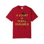 Comfort Colors graphic tee from thtgrlreads featuring vintage wash and bold yellow text "A Court of Feral Fangirls" with a subtle line art design, part of Off Brand and Book Bestie collections.