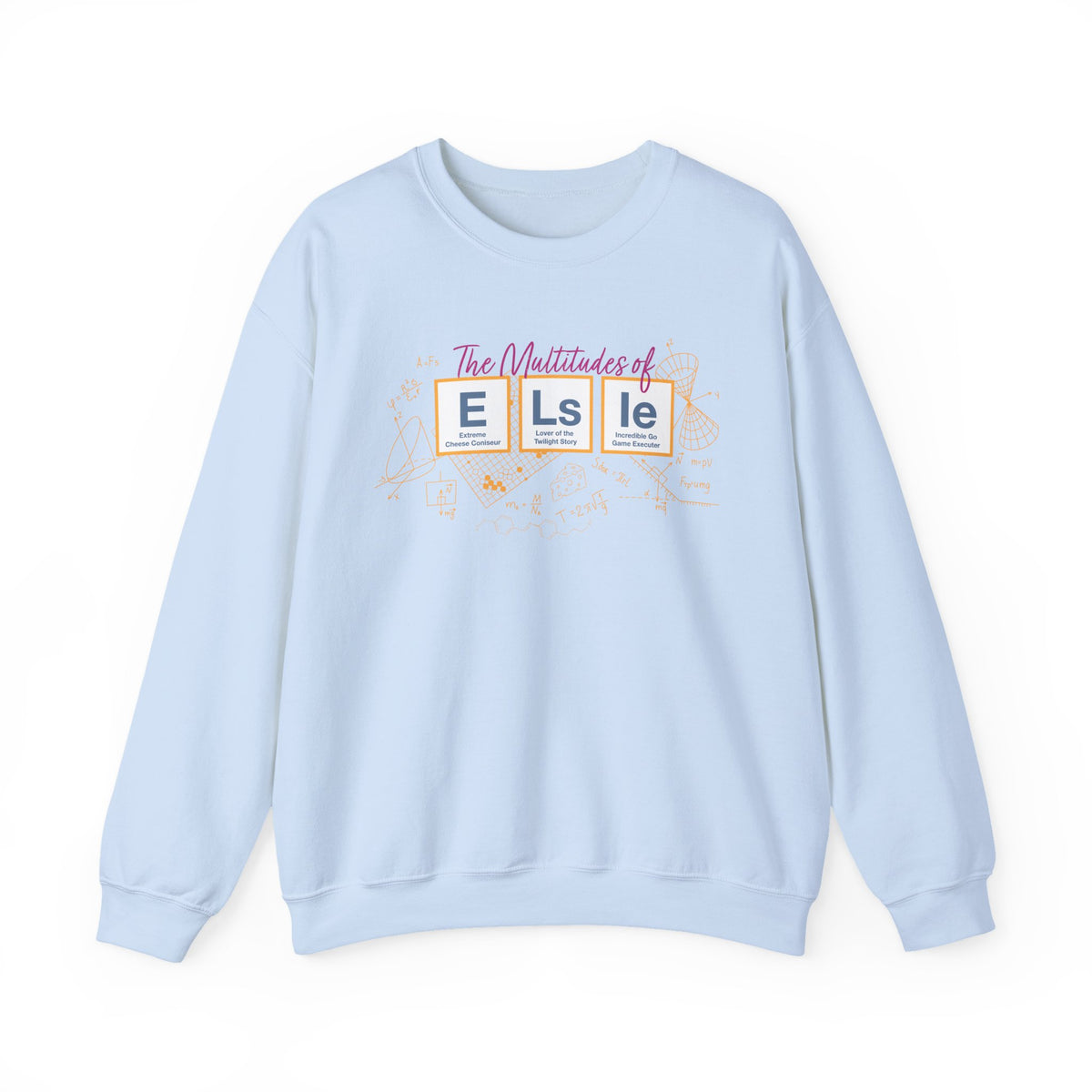 Light blue crewneck sweatshirt featuring The Multitudes of Elsie graphic from Ali Hazelwood, officially licensed bookish apparel by Thtgrlreads in the Crewnecks collection