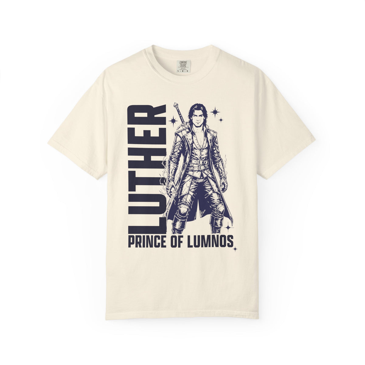 Cream Comfort Colors graphic tee from thtgrlreads featuring a vintage-style black print of Luther from the Kindred's Curse Saga with bold text "Luther Prince of Lumnos" in a unisex fit.