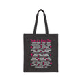 Book Bestie collection tote bag by thtgrlreads featuring vintage-washed black fabric with bright pink and white romance trope text in a playful block print, perfect for romantasy fans.