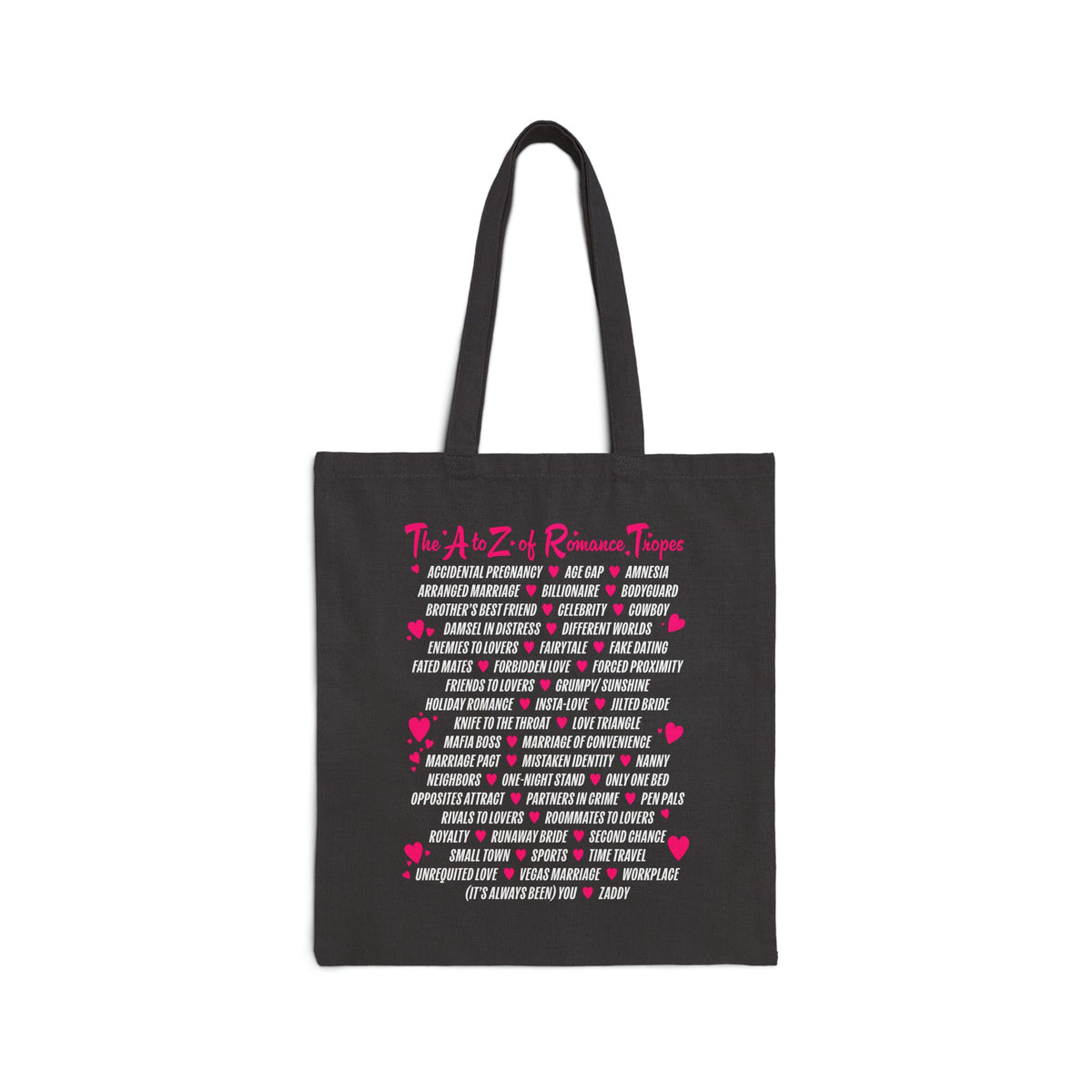 Book Bestie collection tote bag by thtgrlreads featuring vintage-washed black fabric with bright pink and white romance trope text in a playful block print, perfect for romantasy fans.