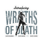 Wraiths of Death Sticker from thtgrlreads features a dark fantasy design with a silhouetted female figure and distressed gothic text, part of the Lady of Darkness & Legacy Series collections.