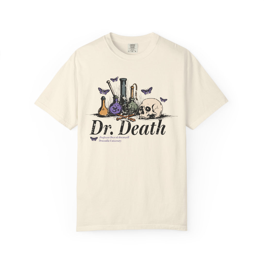 A vintage wash Comfort Colors graphic tee from thtgrlreads featuring a gothic design with laboratory glassware, a skull, and butterflies, inspired by Nocticadia themes.