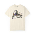 A vintage wash Comfort Colors graphic tee from thtgrlreads featuring a gothic design with laboratory glassware, a skull, and butterflies, inspired by Nocticadia themes.