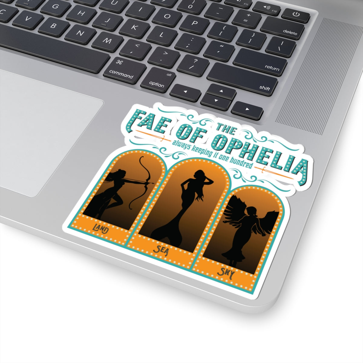 Sticker from thtgrlreads inspired by fantasy romance themes, featuring silhouettes of fae representing land, sea, and sky in stylized vintage design, part of The Life of a Book Bestie collection.