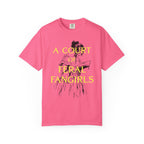 Thtgrlreads oversized Comfort Colors graphic tee from the Off Brand and Book Bestie collections, featuring a vintage-style black sketch of a woman reading with bold yellow text reading "A Court of Feral Fangirls.