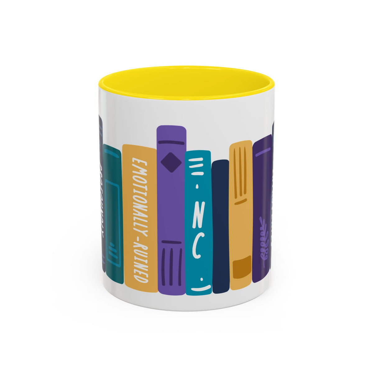 A white ceramic mug with a bright yellow interior featuring a colorful graphic of stacked stylized books in purple, teal, mustard, and navy tones.
