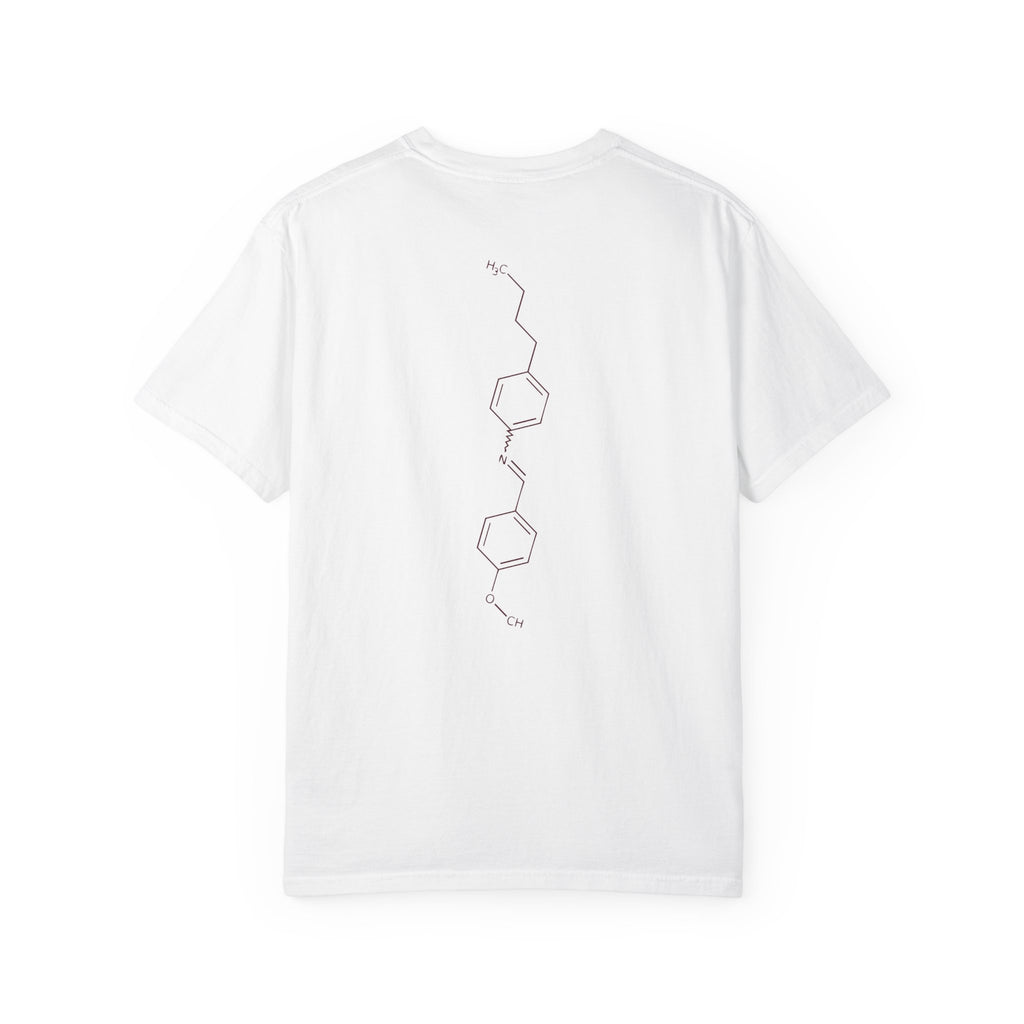 White Comfort Colors graphic tee with a minimalist vertical molecular design inspired by Ali Hazelwood's Love Theoretically, from Printify Tees and Ali Hazelwood