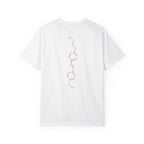 White Comfort Colors graphic tee with a minimalist vertical molecular design inspired by Ali Hazelwood's Love Theoretically, from Printify Tees and Ali Hazelwood