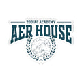 Zodiac Academy-themed Aer House sticker from thtgrlreads featuring bold collegiate-style lettering and a circular wreath with a detailed moon illustration.