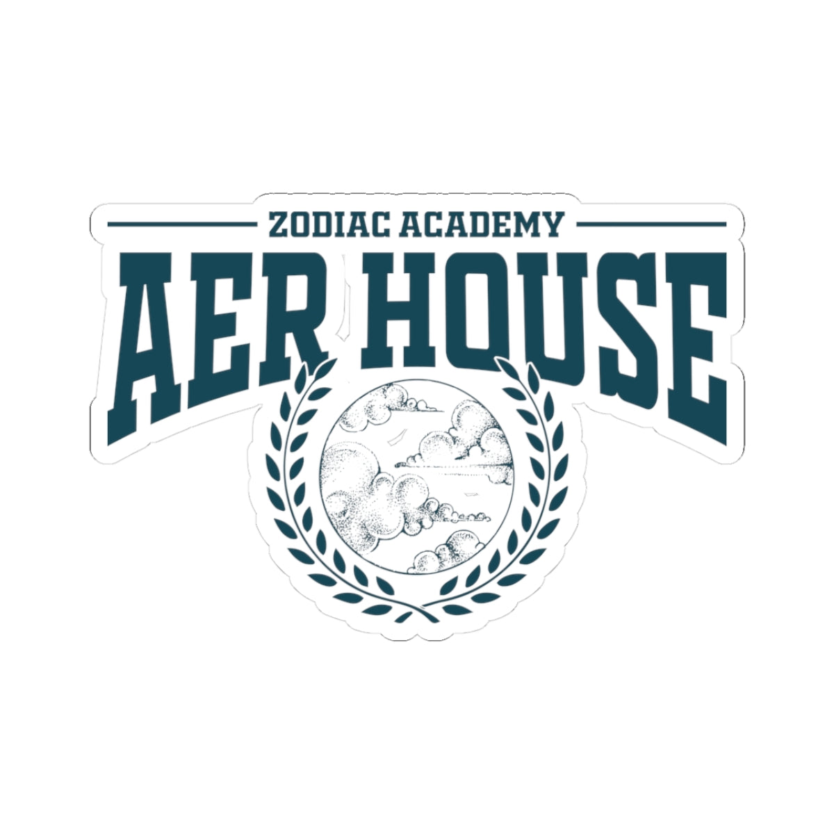 Zodiac Academy-themed Aer House sticker from thtgrlreads featuring bold collegiate-style lettering and a circular wreath with a detailed moon illustration.