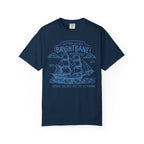 Navy comfort colors graphic tee from thtgrlreads featuring a vintage wash and a detailed light blue sailing ship print with "Captain Lucien Brightbane Ocean Adventure" text, part of Wolves of Ruin collection.