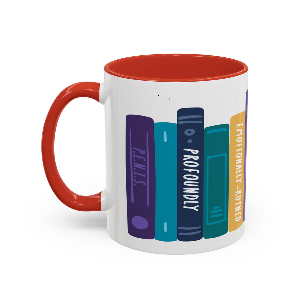 A white ceramic mug with a red handle and interior featuring colorful illustrated book spines with playful titles, designed by thtgrlreads for book lovers.
