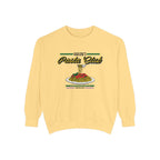 A vintage-washed Comfort Colors crewneck from thtgrlreads featuring a graphic of spaghetti and meatballs with "Harlow's Pasta Club" text, part of The Poison Daughter and Crewnecks collections.