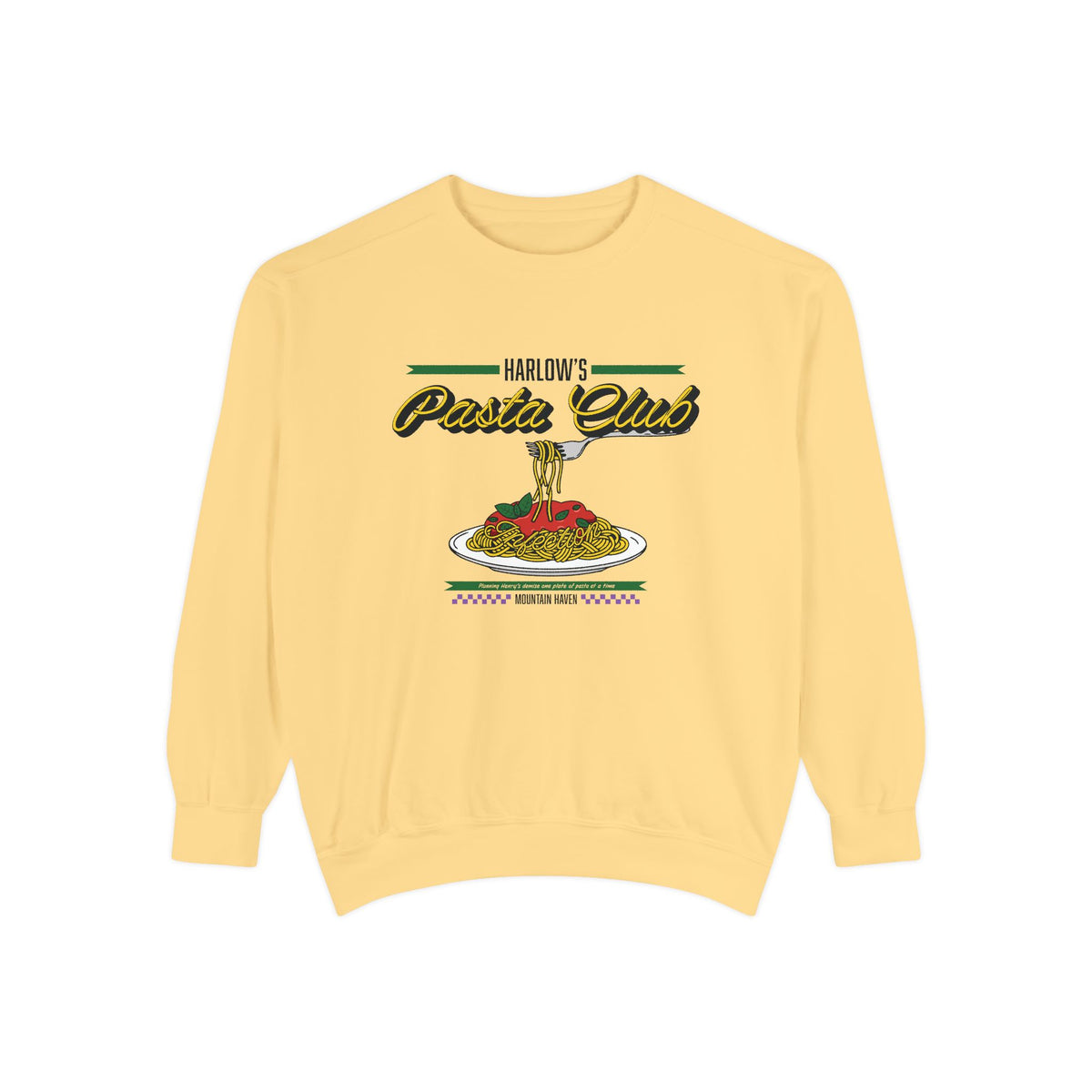 A vintage-washed Comfort Colors crewneck from thtgrlreads featuring a graphic of spaghetti and meatballs with "Harlow's Pasta Club" text, part of The Poison Daughter and Crewnecks collections.