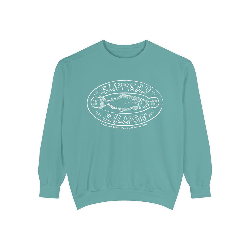 Zodiac Academy crewneck sweatshirt by thtgrlreads featuring a vintage-wash turquoise Comfort Colors base with a white graphic print of a slippery salmon and playful text, perfect for bookish merch fans.